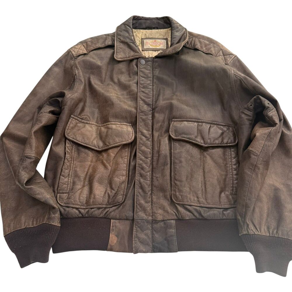 Vintage 90s New Territories Leather Bomber Jacket Men’s L Brown Distressed